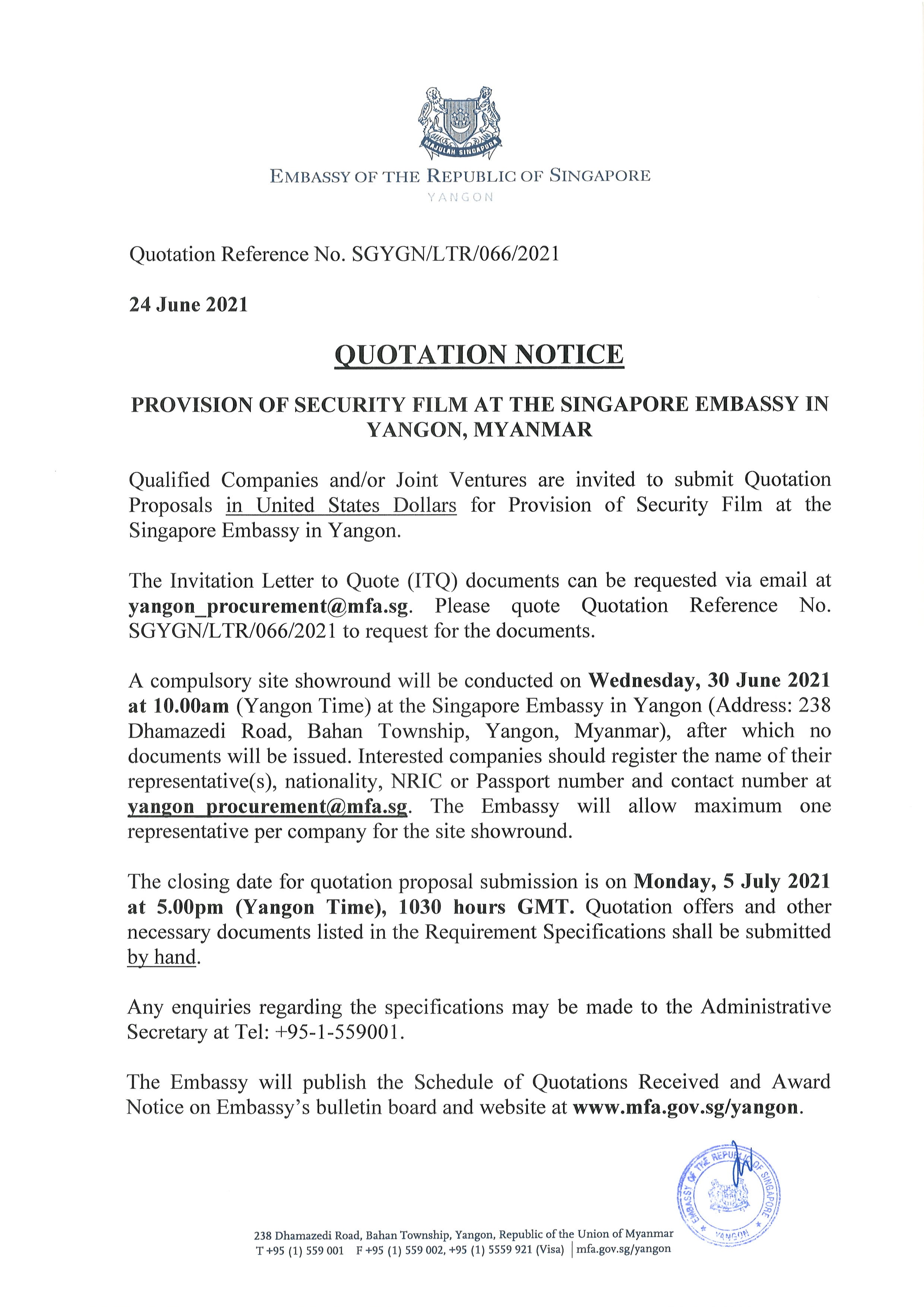 Singapore Embassy Yangon quotation notice for security film provision, dated June 24, 2021.